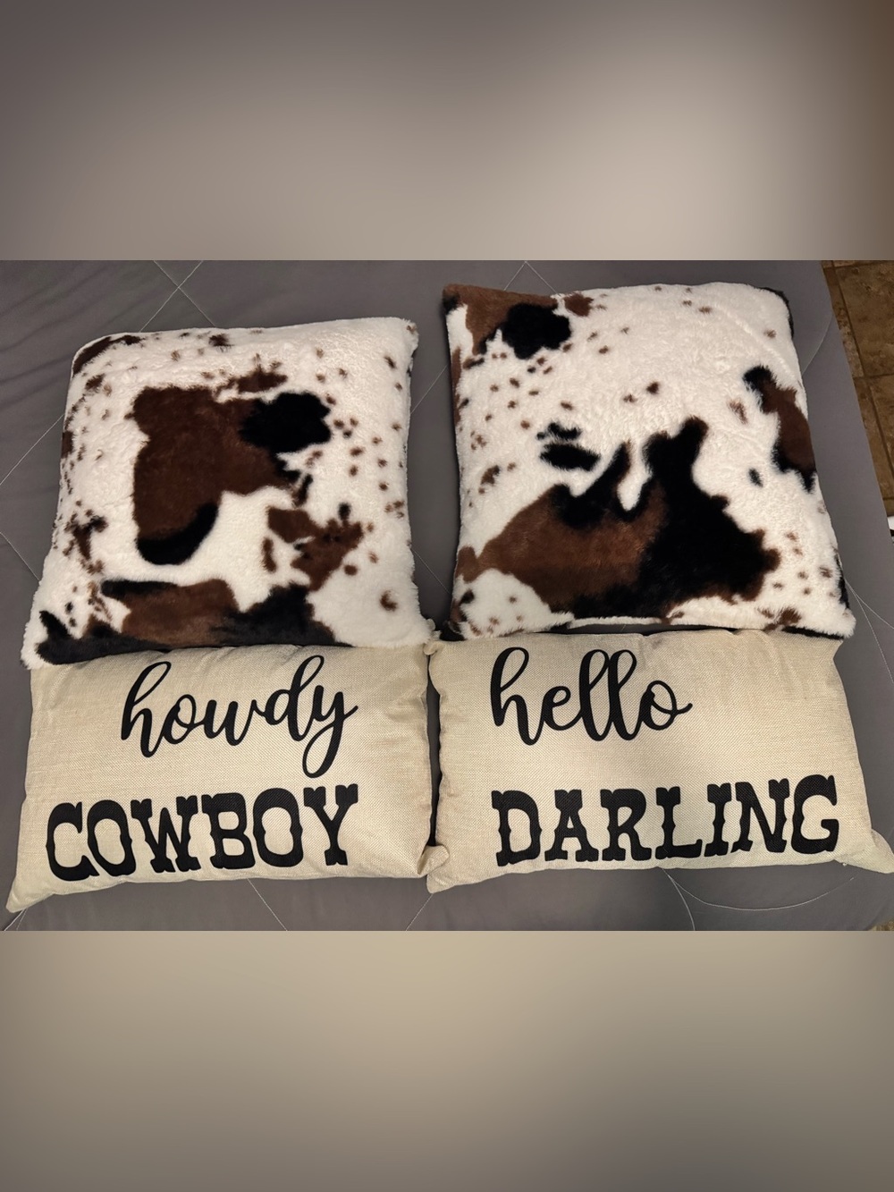 Set of 4 Decorative Throw Pillows - Cowhide Faux Fur & Script